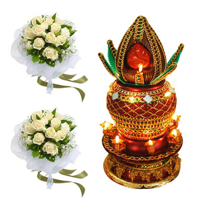 "Kalsam With Light-11  + 15 White Roses Bunch -2 Bunches - Click here to View more details about this Product